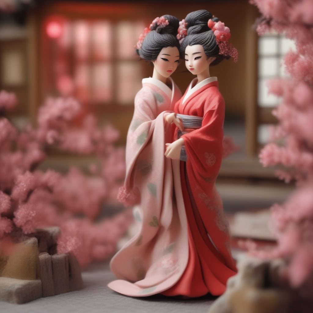 Dwie miniaturowe figurki lalek w różowym i czerwonym kimonie, blisko siebie wśród kwitnącej wiśni