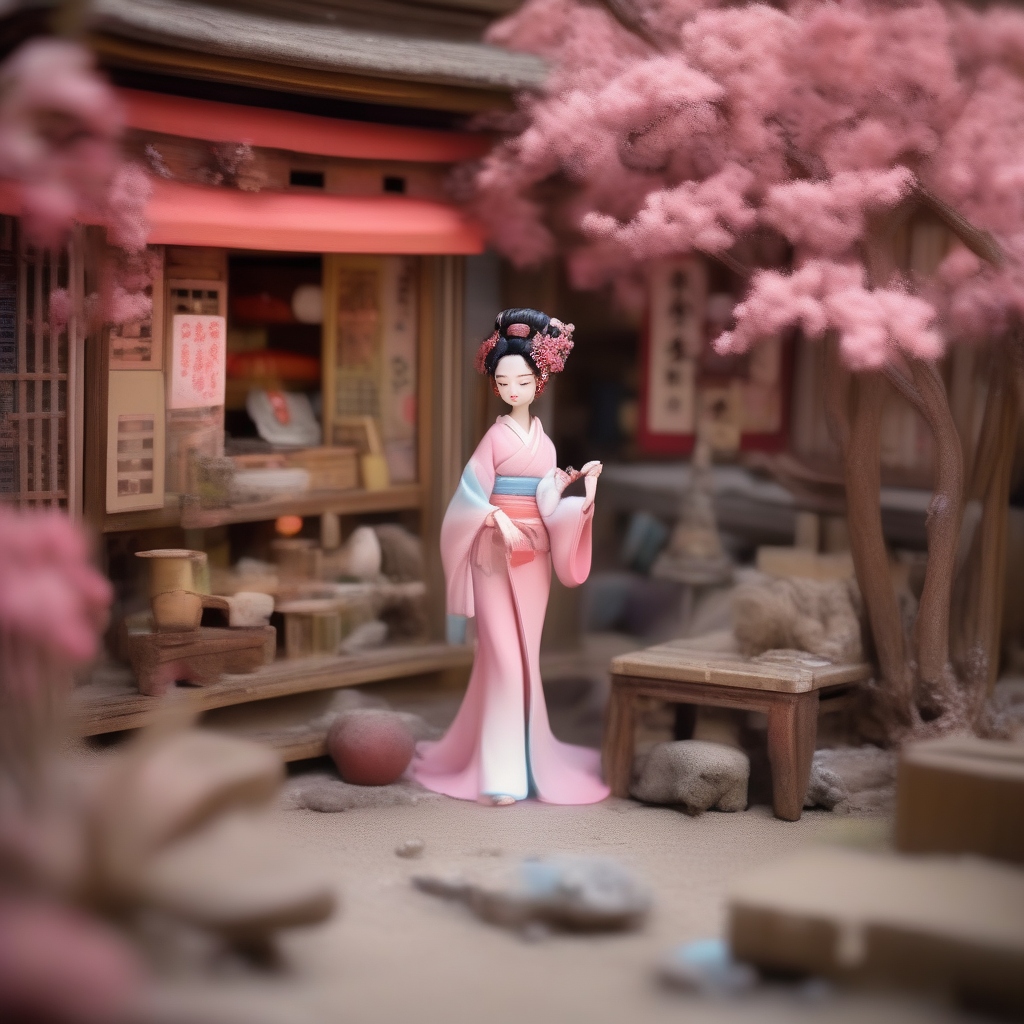 Miniaturowa figurka lalki w różowym kimonie stojąca przy drewnianym straganie pod kwitnącą wiśnią
