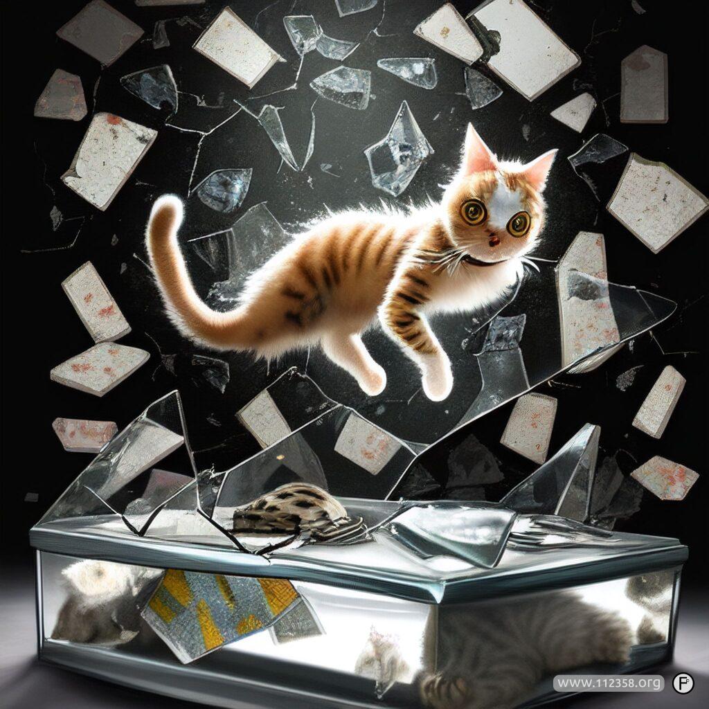 Żartobliwa ilustracja AI nawiązująca do eksperymentu myślowego kota Schrödingera, wariant 7